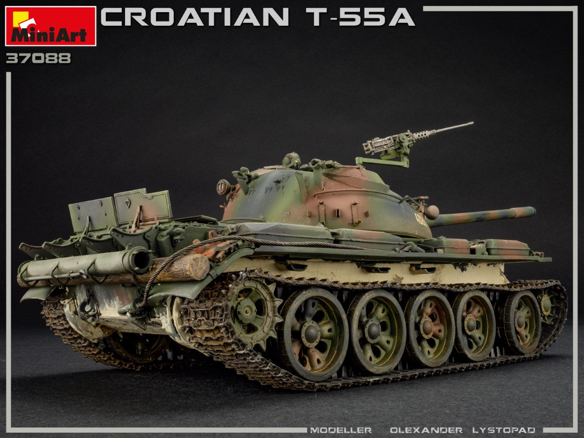 MiniArt model kit packaging for the Croatian T-55A 37088, showing a detailed camouflage-painted model tank on a dark studio background with product branding and model name text.
