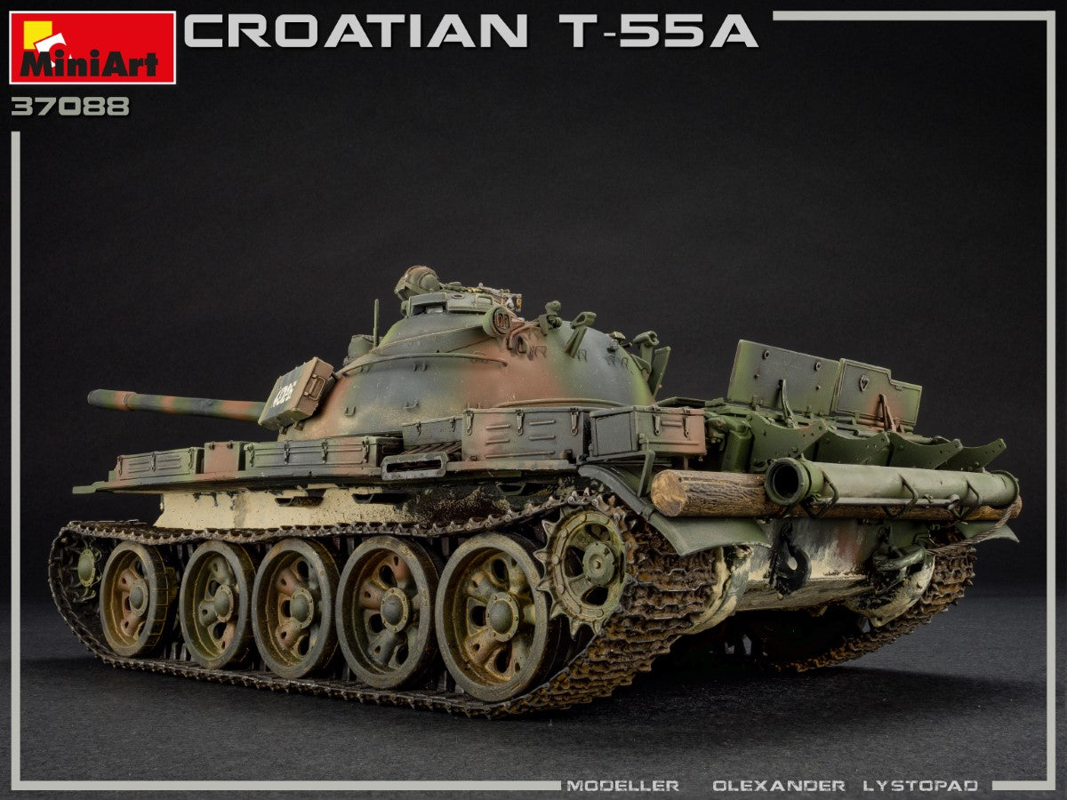 MiniArt model kit of a Croatian T-55A tank, shown as a highly detailed 1/76 scale plastic model with camouflage paint and weathered details, on a dark studio background.