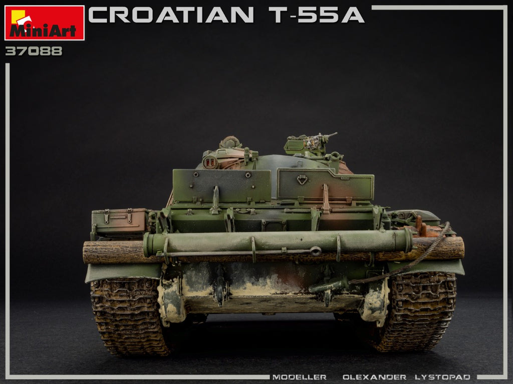 MiniArt model kit packaging for the Croatian T-55A tank, showing a painted 1:76 scale model of the vehicle on a dark studio background.