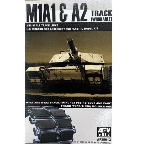 AFV Club AF35012 1/35 M1A1 and M1A2 workable track links packaging, showing an Abrams tank and T-158 track links