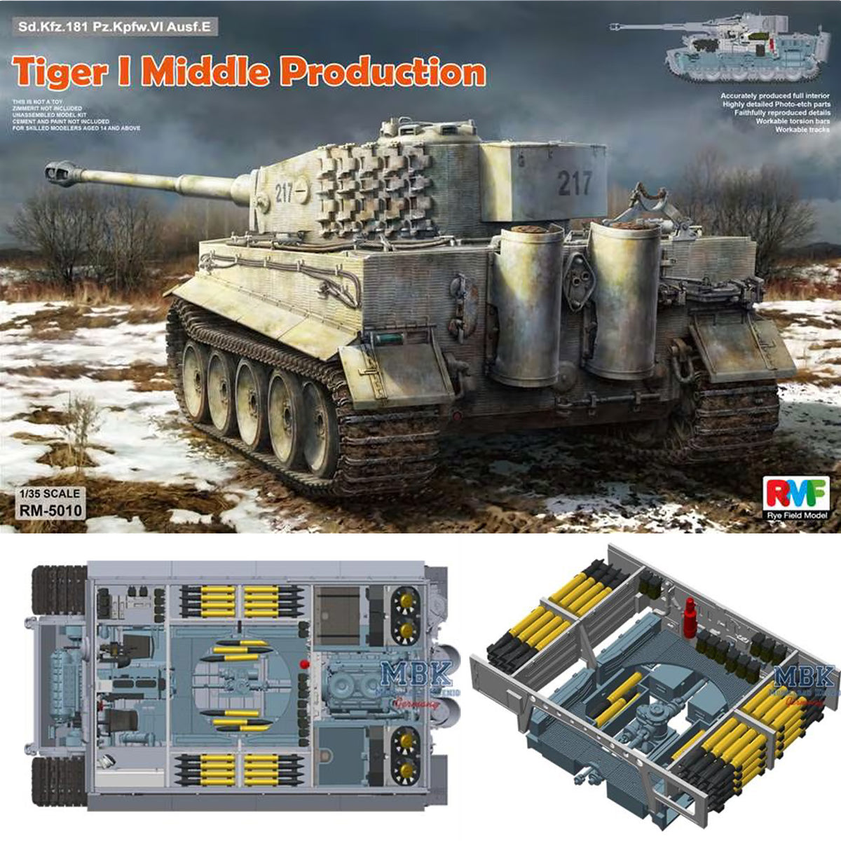 Rye Field Model 1/35 Tiger I Mid Production Otto Carius Full Interior RM5010 plastic model kit